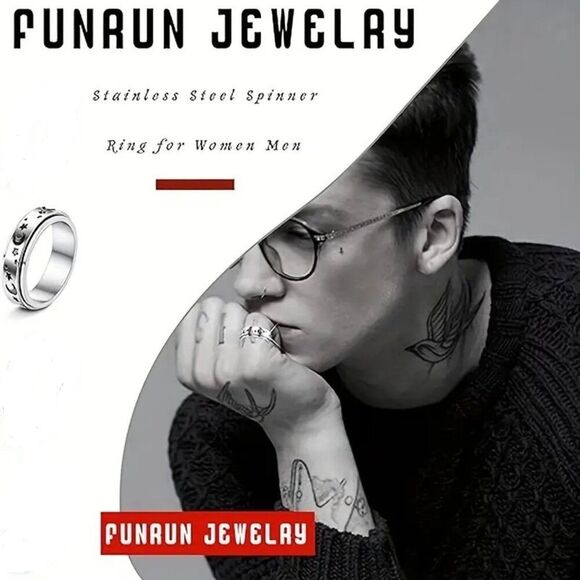 Stainless Steel Spinner Fidget Ring Celstial Anxiety ADHD Moon Stars Etched sz 7 - Picture 3 of 4